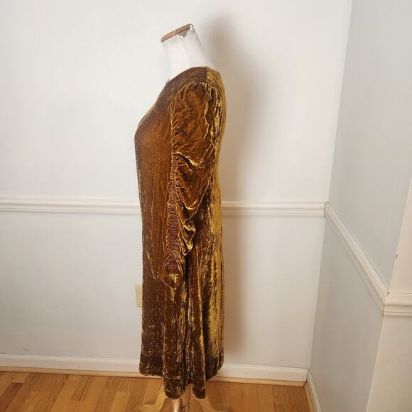 Beatrice B Dress XS Womens Midi Gold Velvet Regency Ruched Sleeve Grunge Fairy - Picture 4 of 9